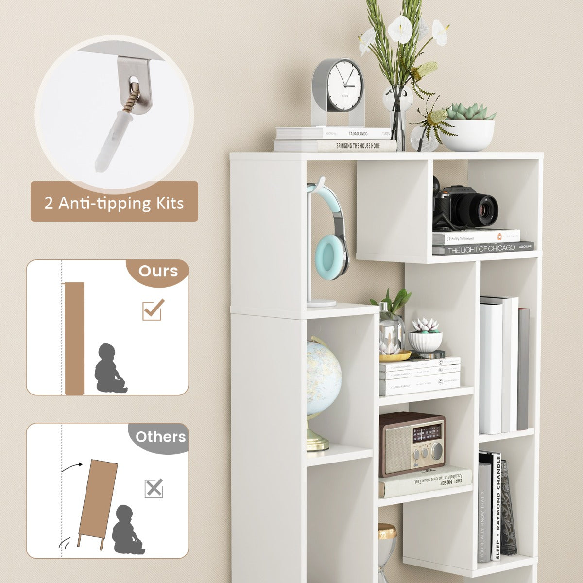 LIVSK Boekenkast met 11 Open Planken - Stevige Constructie met Anti-Kantelsets - Eenvoudige Montage - 20 x 70 x 120 cm - Wit