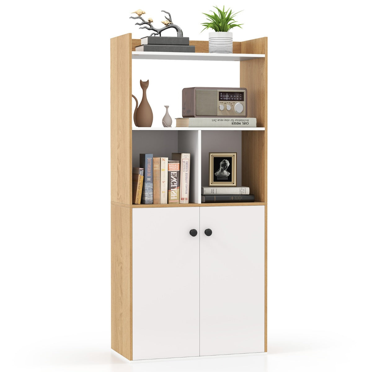 LIVSK Boekenkast met Dubbele Deuren - 4 Open Kubussen - Anti-kantelvoorziening - 60 x 30 x 133 cm - Wit en Natuurlijke