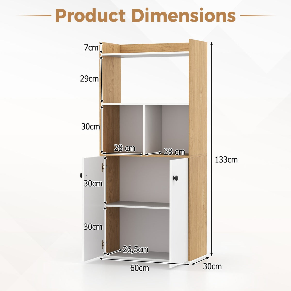 LIVSK Boekenkast met Dubbele Deuren - 4 Open Kubussen - Anti-kantelvoorziening - 60 x 30 x 133 cm - Wit en Natuurlijke