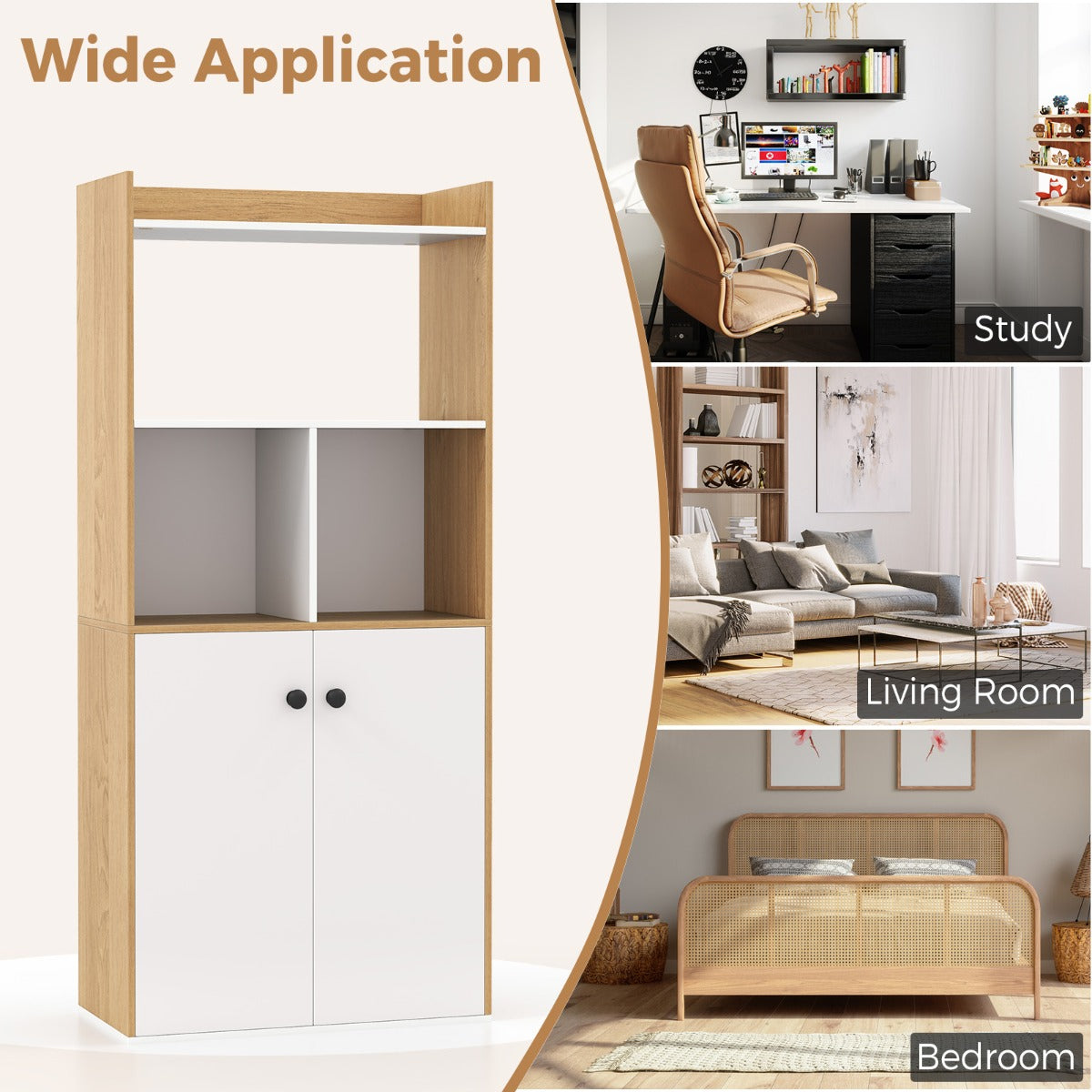 LIVSK Boekenkast met Dubbele Deuren - 4 Open Kubussen - Anti-kantelvoorziening - 60 x 30 x 133 cm - Wit en Natuurlijke