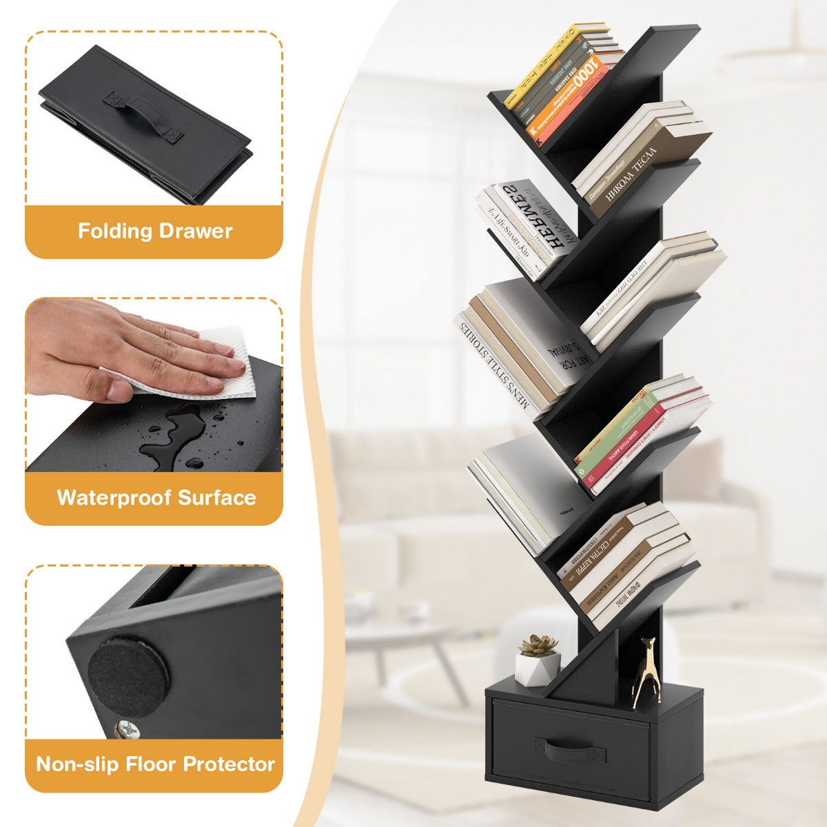 LIVSK Boom Boekenplank - 10 Open Planken & Stoffen Lade - Stevige Constructie met Anti-Kantel Kit - 38 x 21,5 x 149,5 cm - Zwart