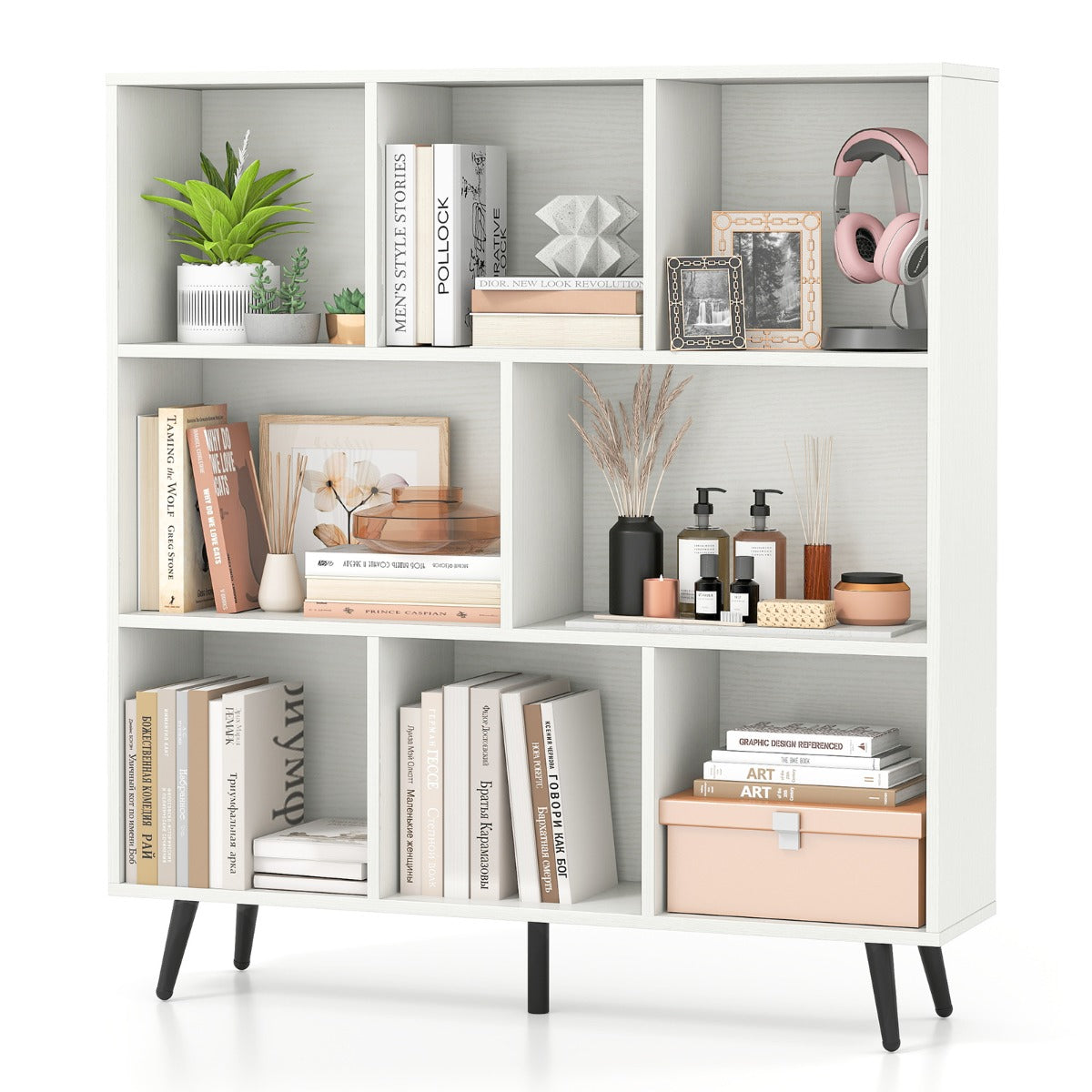 LIVSK Boekenplank met 7 Vakken - Vrijstaand met Metalen Poten - Inclusief Anti-Kantelsets - 100 x 24 x 107 cm - Wit + Zwart