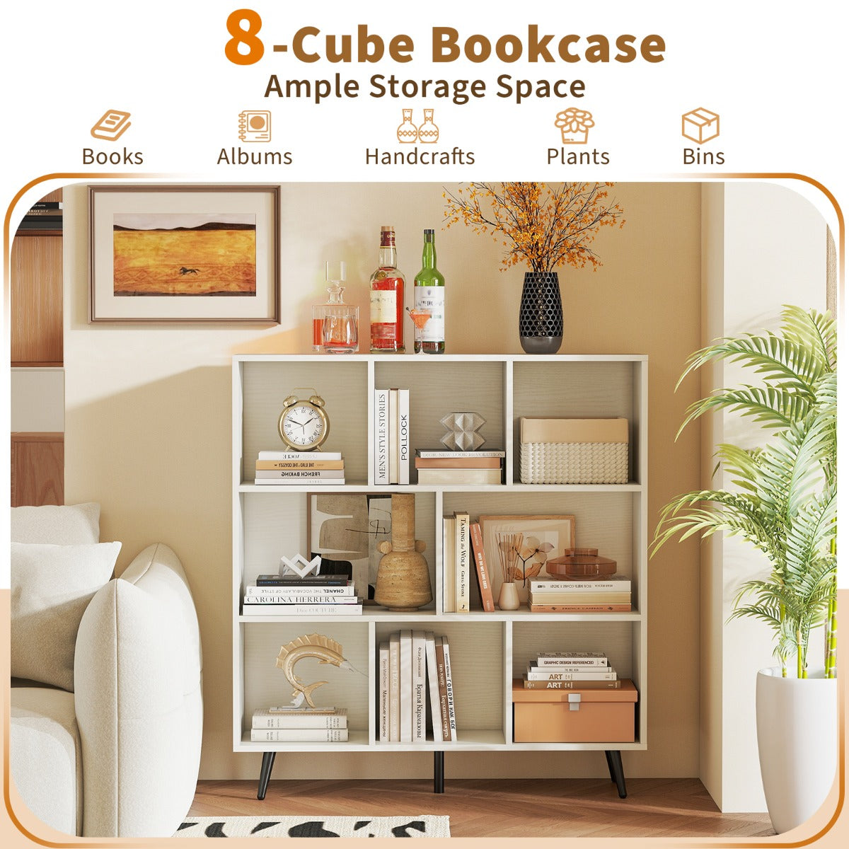 LIVSK Boekenplank met 7 Vakken - Vrijstaand met Metalen Poten - Inclusief Anti-Kantelsets - 100 x 24 x 107 cm - Wit + Zwart