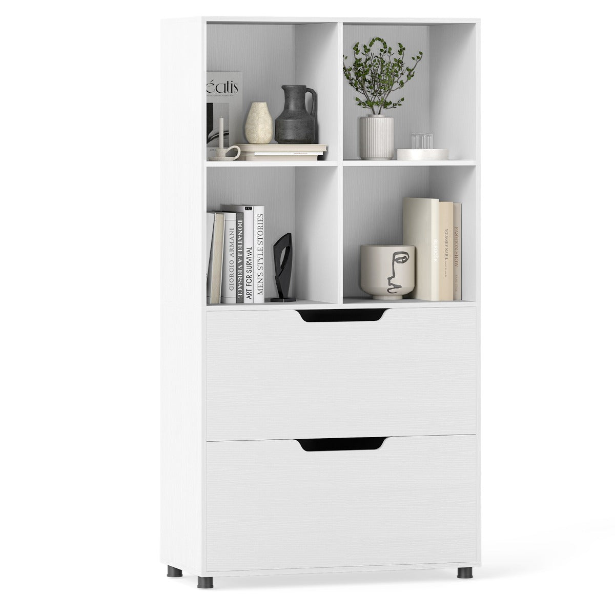 Livsk costway boekenkast met vier open planken twee grote laden en kantelbeveiliging wit 1 1