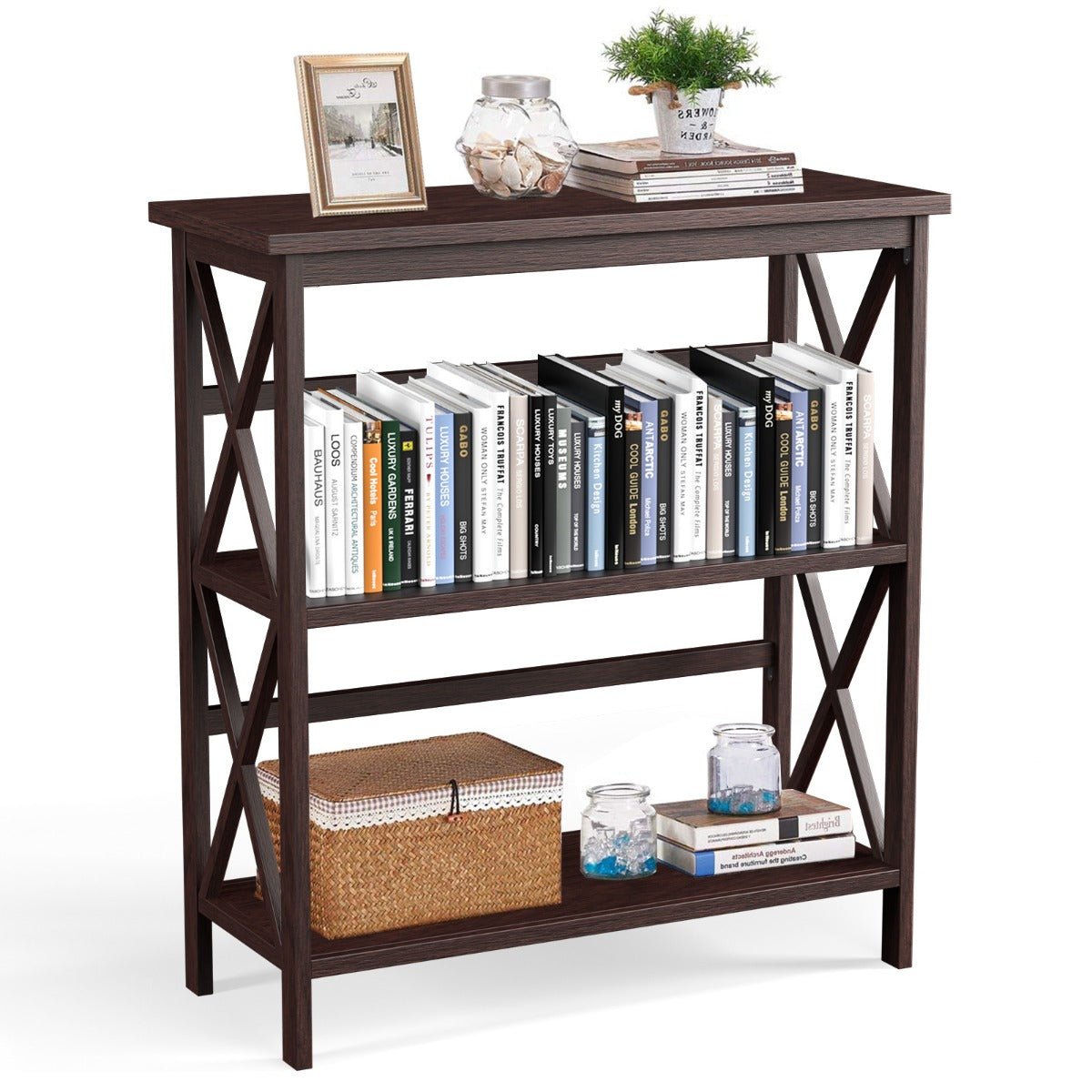 LIVSK Boekenkast 3 Niveaus - Anti-Kantelinrichting - Industrieel Design - Draagvermogen 40 kg - 79 x 32 x 86 cm - Koffie