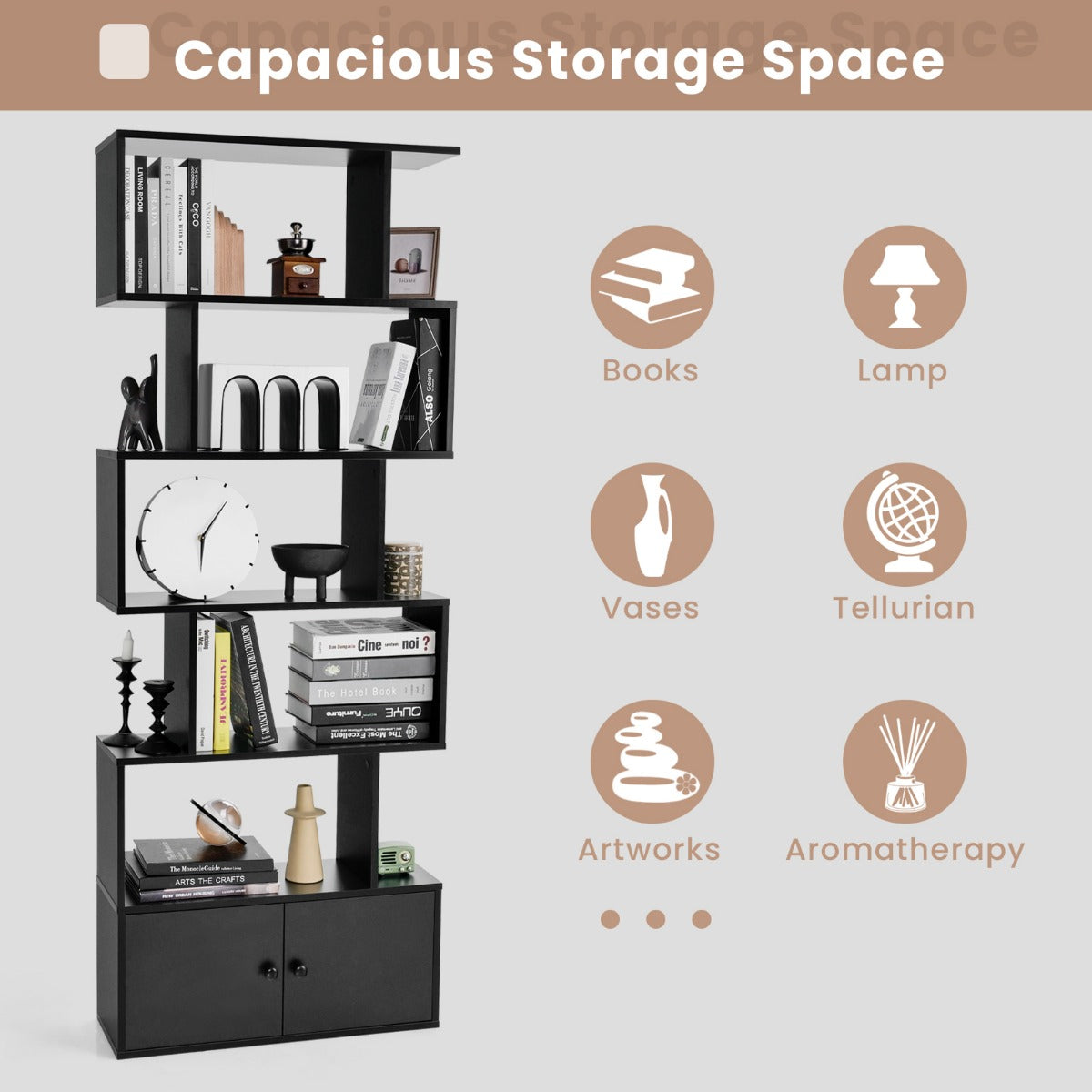LIVSK S-vormige Boekenkast met Kast - 5 Open Planken - Geometrisch Design - Duurzaam Hout - Antislip Voetkussens - Zwart