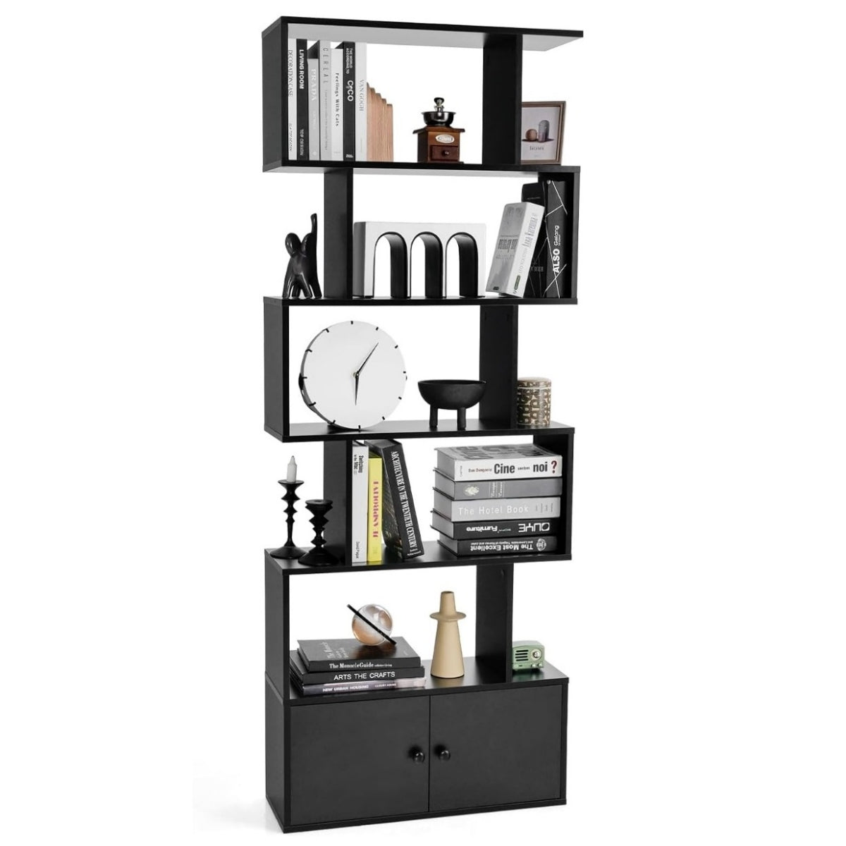 LIVSK S-vormige Boekenkast met Kast - 5 Open Planken - Geometrisch Design - Duurzaam Hout - Antislip Voetkussens - Zwart