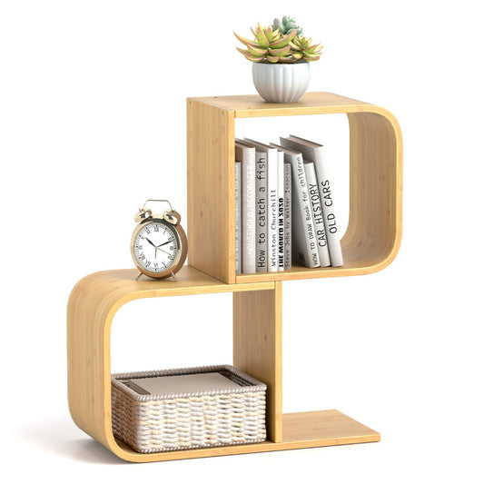 LIVSK Bamboe Boekenrek - S-vormig Design - 2 Vakken - Kantelbeveiliging - Ruimtebesparend - Natuur