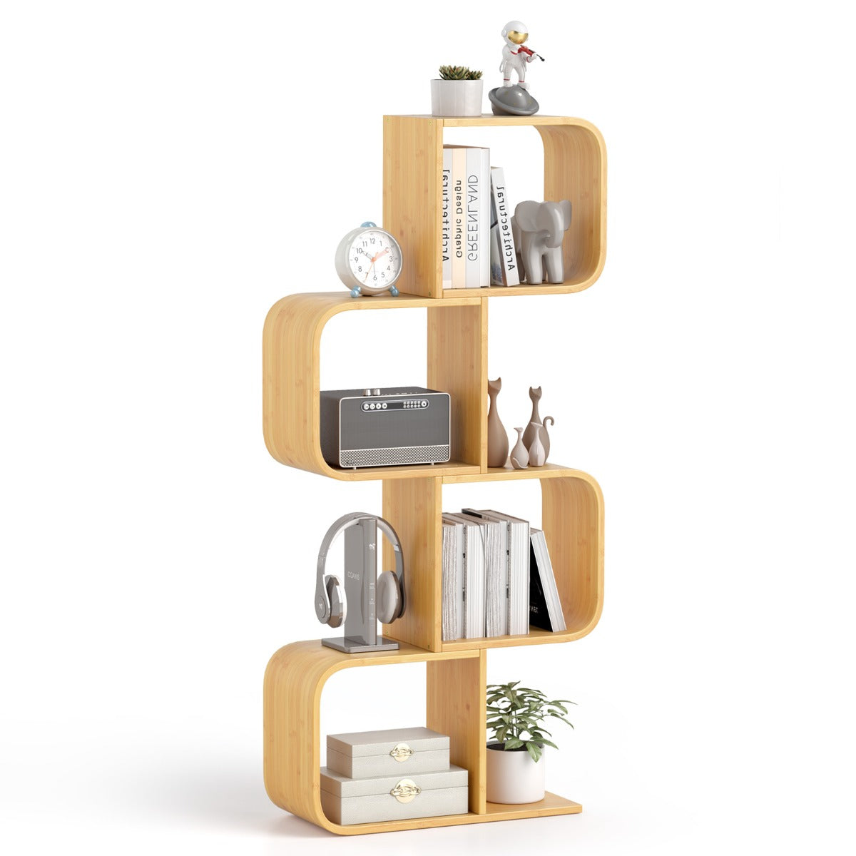 LIVSK Bamboe Boekenrek S-vormig - 4 Open Vakken - Kantelbeveiliging - Ruimtebesparend - Natuurlijk