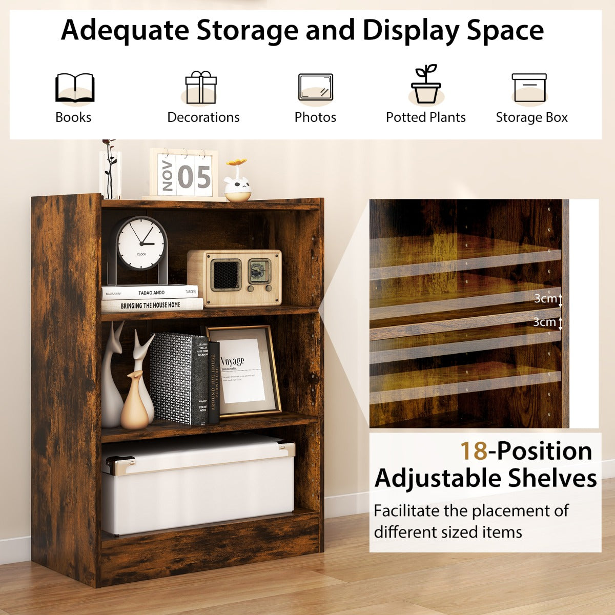 LIVSK Boekenkast met 3-Traps Design - 18 Verstelbare Planken - Kantelbeveiliging - Robuust en Modern - 50 x 30 x 75 cm - Bruin