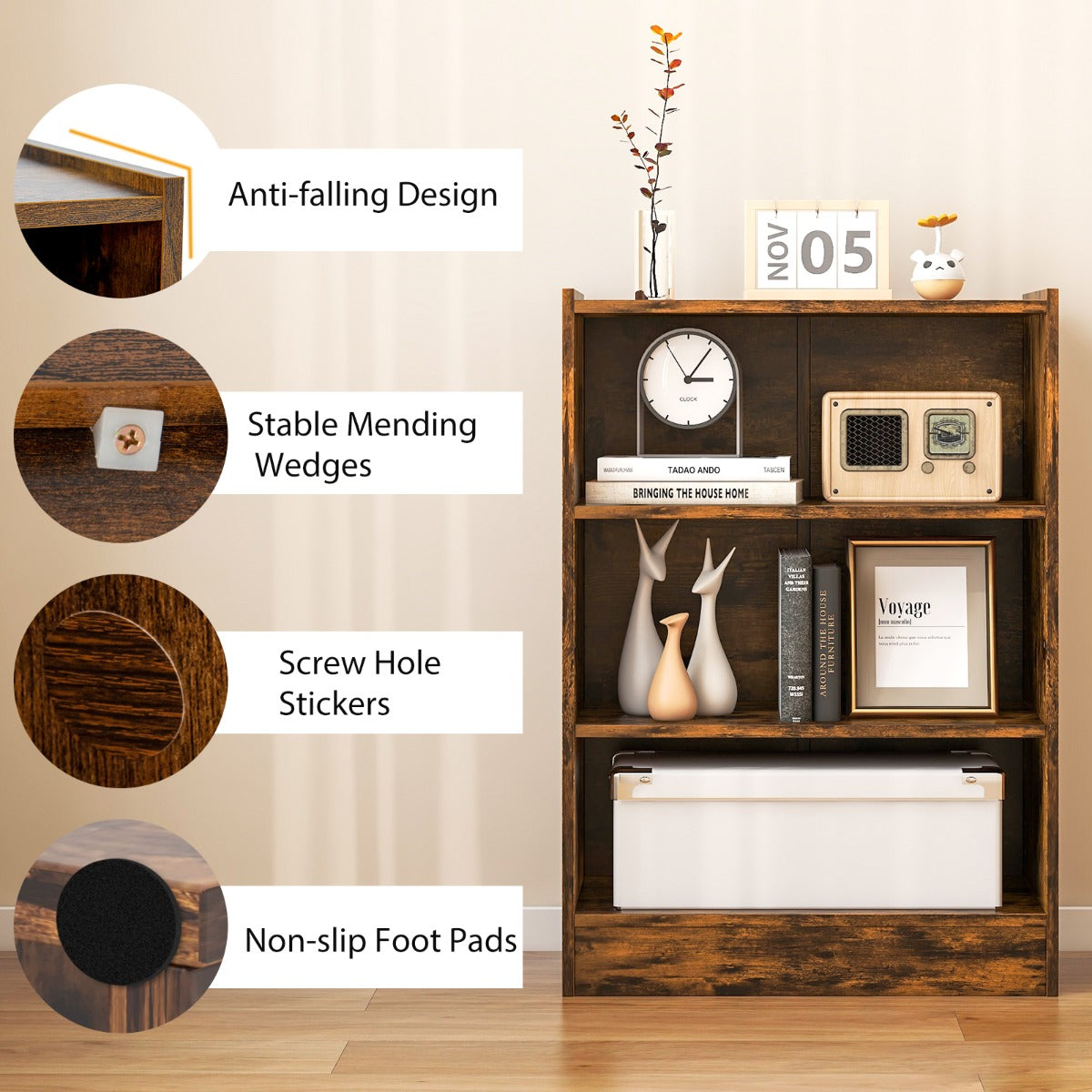 LIVSK Boekenkast met 3-Traps Design - 18 Verstelbare Planken - Kantelbeveiliging - Robuust en Modern - 50 x 30 x 75 cm - Bruin
