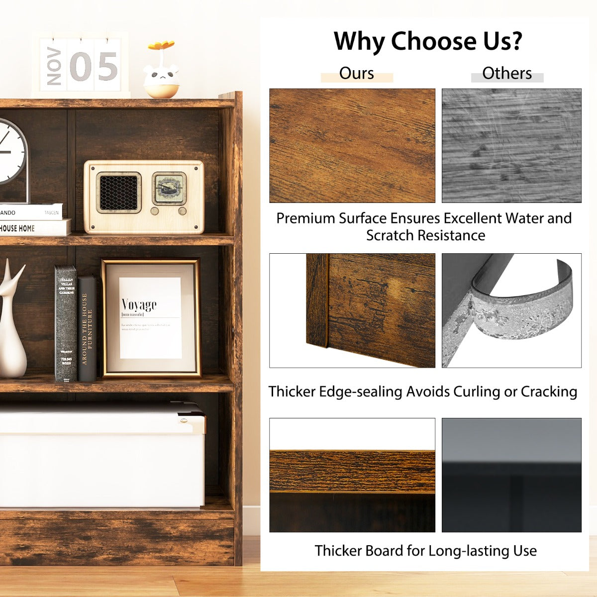 LIVSK Boekenkast met 3-Traps Design - 18 Verstelbare Planken - Kantelbeveiliging - Robuust en Modern - 50 x 30 x 75 cm - Bruin