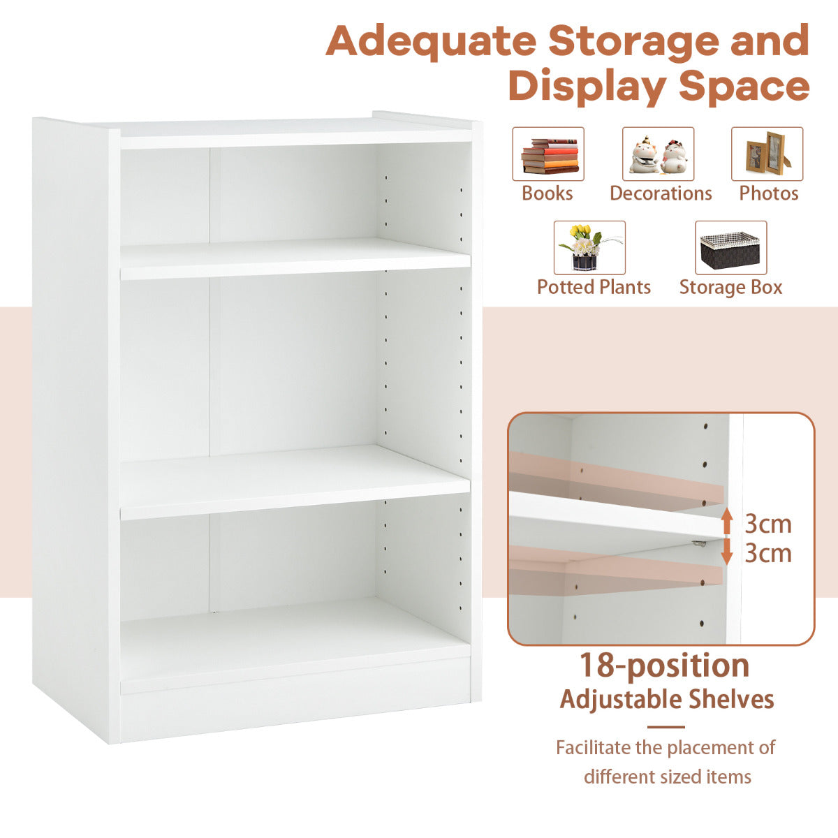 LIVSK Verstelbare Boekenkast - 3-traps Design met 18 Planken - Duurzaam en Modern - 50 x 30 x 75 cm - Wit