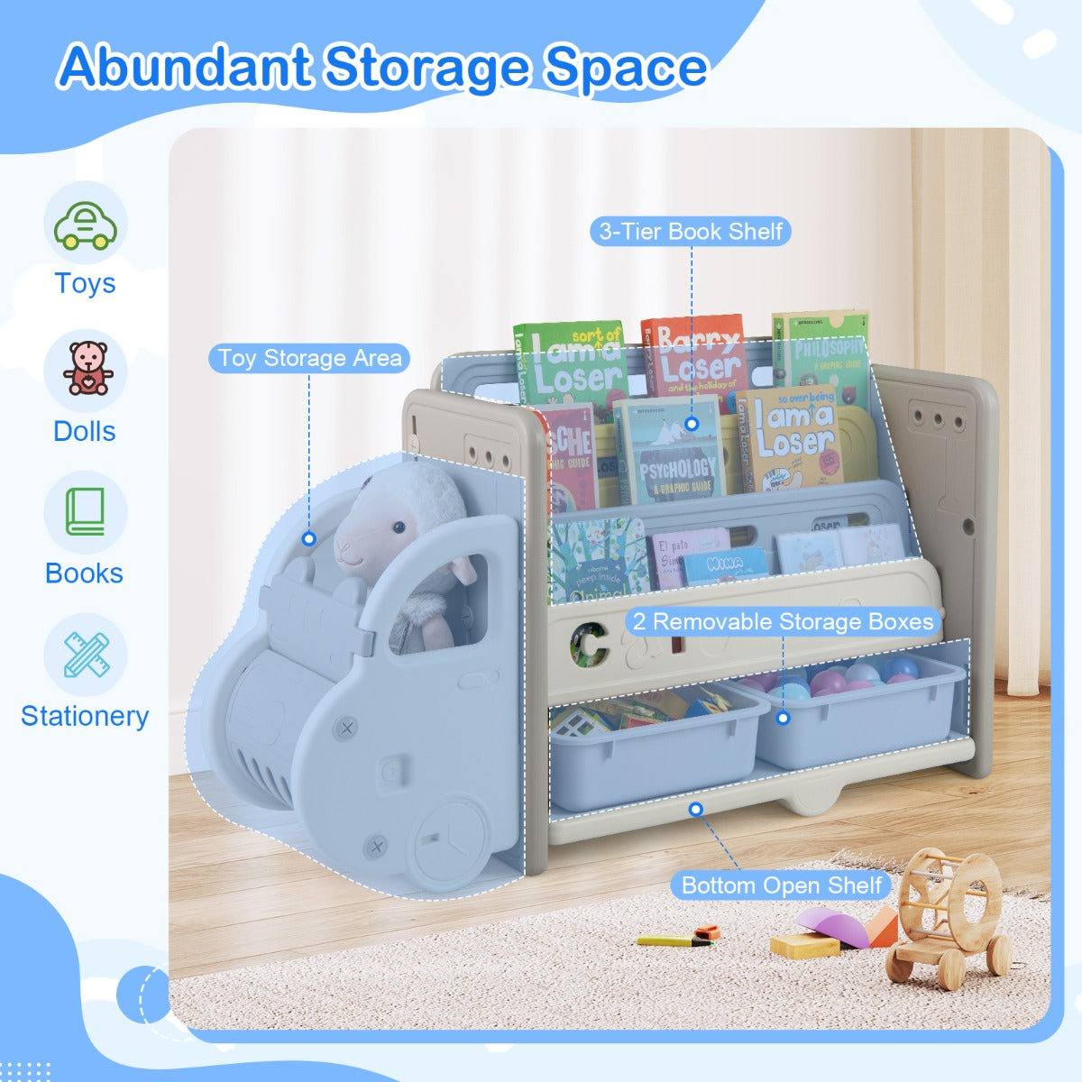 LIVSK Kinderboekenkast - Auto-ontwerp - 3 Niveaus - 2 Opbergdozen - 108 x 35 x 63,5 cm - Beige + Grijs