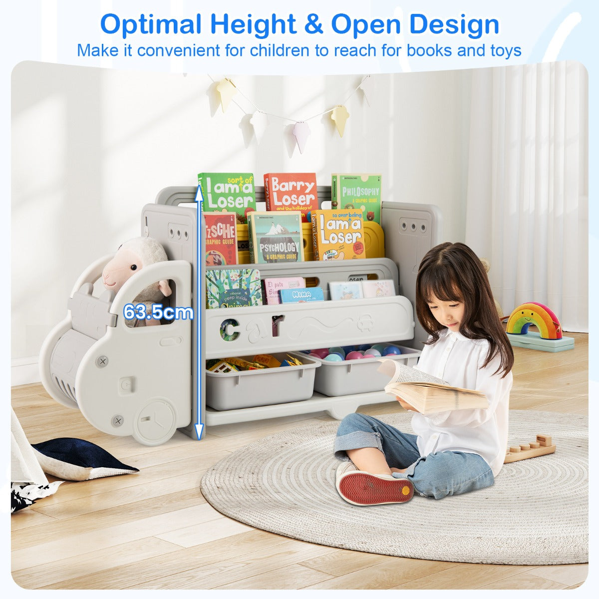 LIVSK Kinderboekenkast - Auto-ontwerp - 3 Niveaus - 2 Opbergdozen - 108 x 35 x 63,5 cm - Beige + Grijs