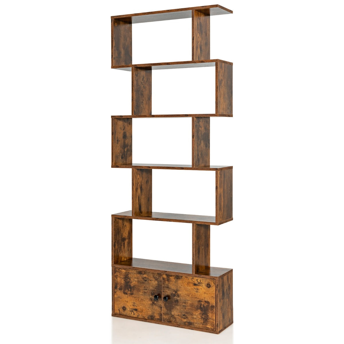 LIVSK S-vormige Boekenkast met Kabinet - 5 Open Planken - E0 Hout - Antislip Voetjes - Veiligheidsbevestiging - Koffie