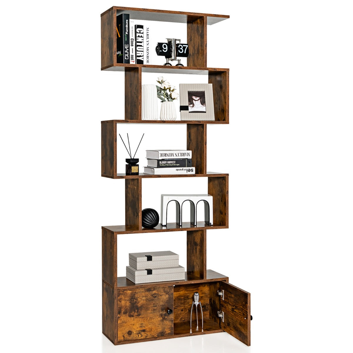 LIVSK S-vormige Boekenkast met Kabinet - 5 Open Planken - E0 Hout - Antislip Voetjes - Veiligheidsbevestiging - Koffie