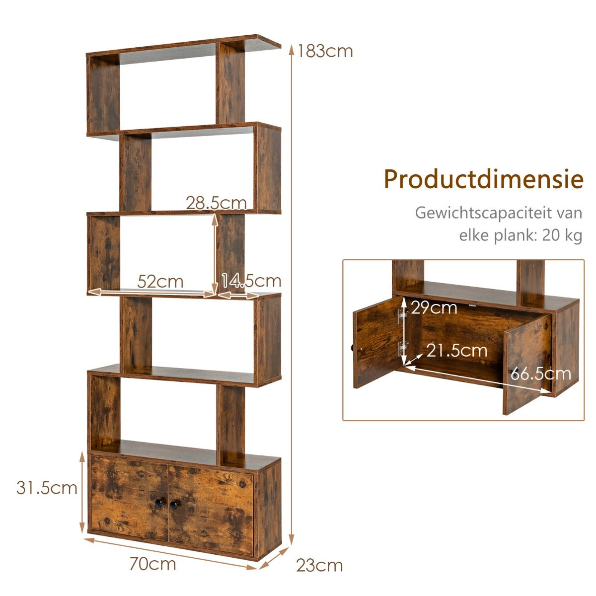 LIVSK S-vormige Boekenkast met Kabinet - 5 Open Planken - E0 Hout - Antislip Voetjes - Veiligheidsbevestiging - Koffie