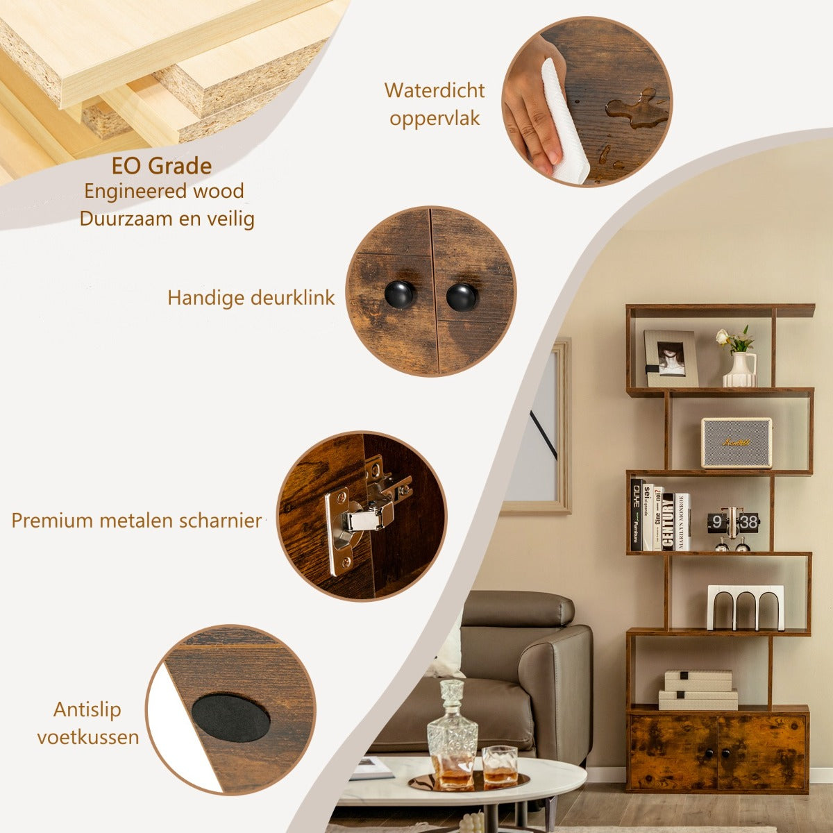 LIVSK S-vormige Boekenkast met Kabinet - 5 Open Planken - E0 Hout - Antislip Voetjes - Veiligheidsbevestiging - Koffie