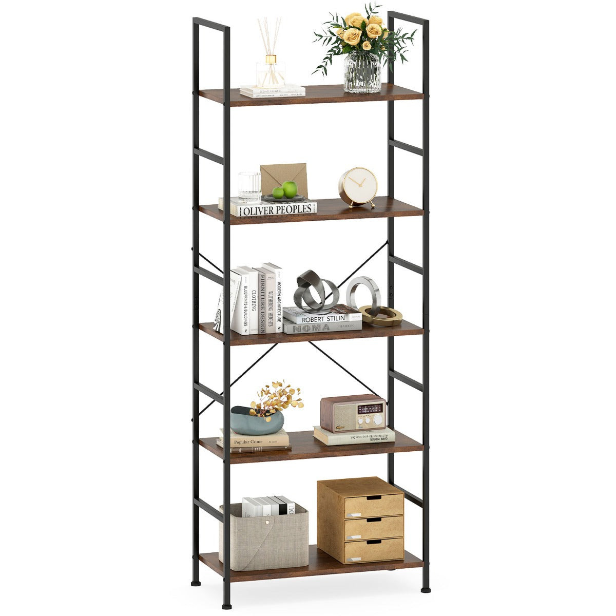 Livsk costway boekenrek met 5 niveaus 160 cm staand rek met open scheidingswand en metalen frame