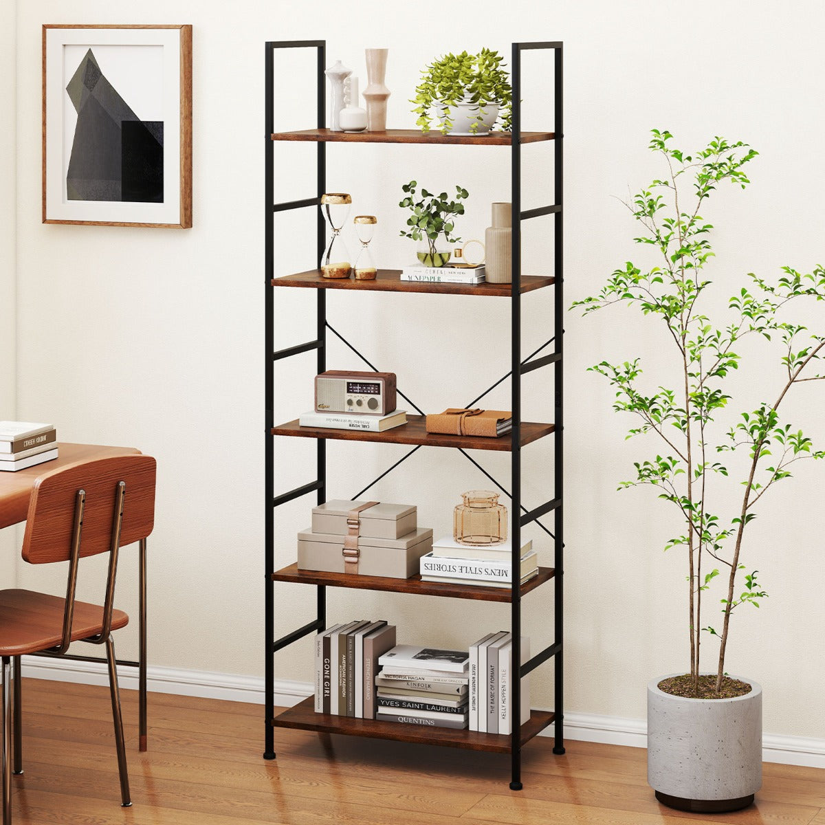 Livsk costway boekenrek met 5 niveaus 160 cm staand rek met open scheidingswand en metalen frame 6