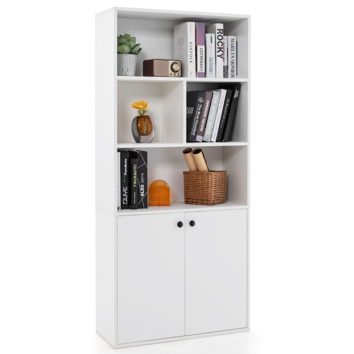 Livsk costway boekenrek met 5 verdiepingen en dubbele deuren 155 cm hoog staand rek met open vakken en verstelbare legplank