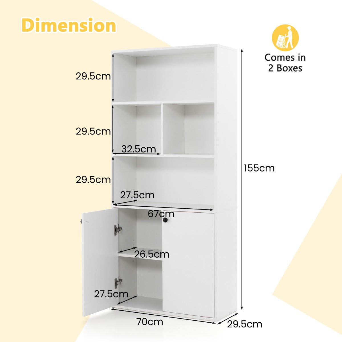 Livsk costway boekenrek met 5 verdiepingen en dubbele deuren 155 cm hoog staand rek met open vakken en verstelbare legplank 2