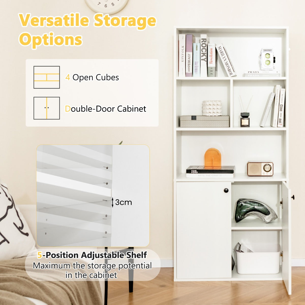 Livsk costway boekenrek met 5 verdiepingen en dubbele deuren 155 cm hoog staand rek met open vakken en verstelbare legplank 5