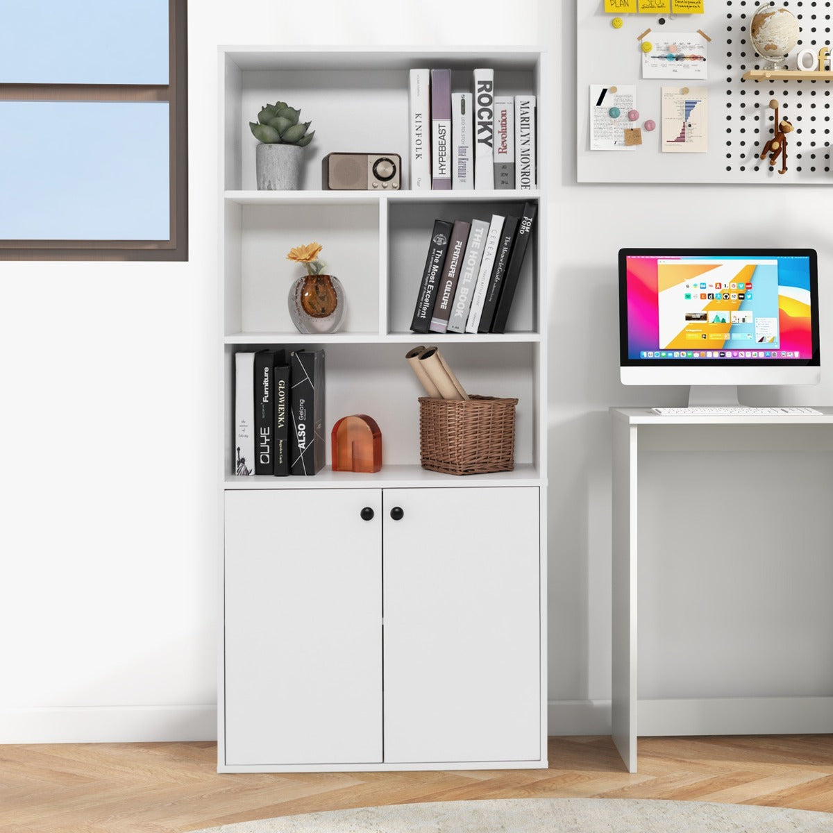 Livsk costway boekenrek met 5 verdiepingen en dubbele deuren 155 cm hoog staand rek met open vakken en verstelbare legplank 6