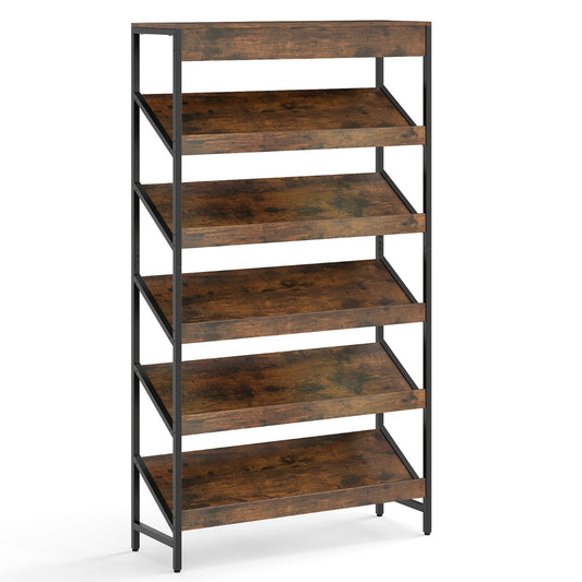 Livsk costway boekenrek met 6 verdiepingen 161 cm vrijstaand opslagrek met schuine display staand rek met metalen frame bruin
