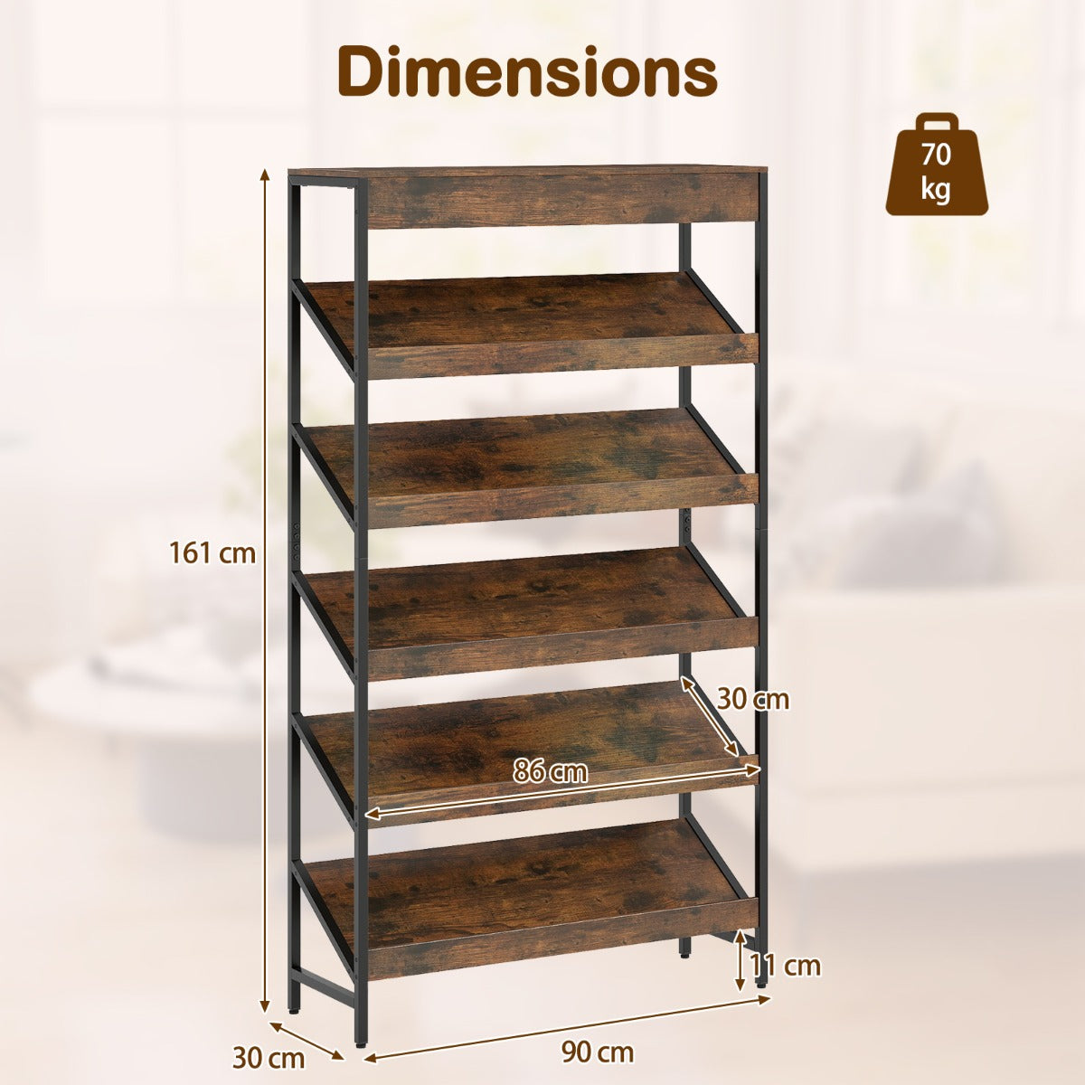 Livsk costway boekenrek met 6 verdiepingen 161 cm vrijstaand opslagrek met schuine display staand rek met metalen frame bruin 2