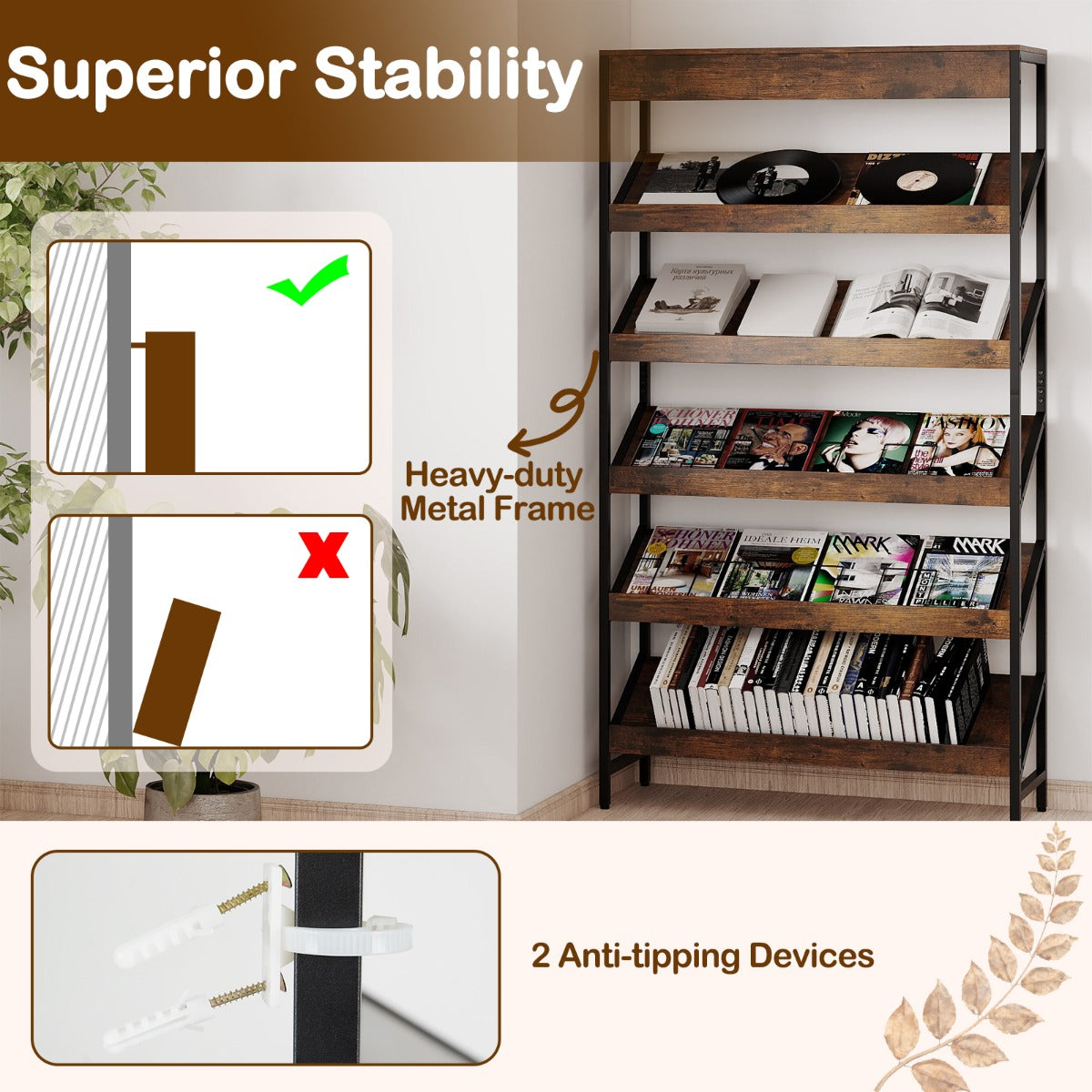 Livsk costway boekenrek met 6 verdiepingen 161 cm vrijstaand opslagrek met schuine display staand rek met metalen frame bruin 5