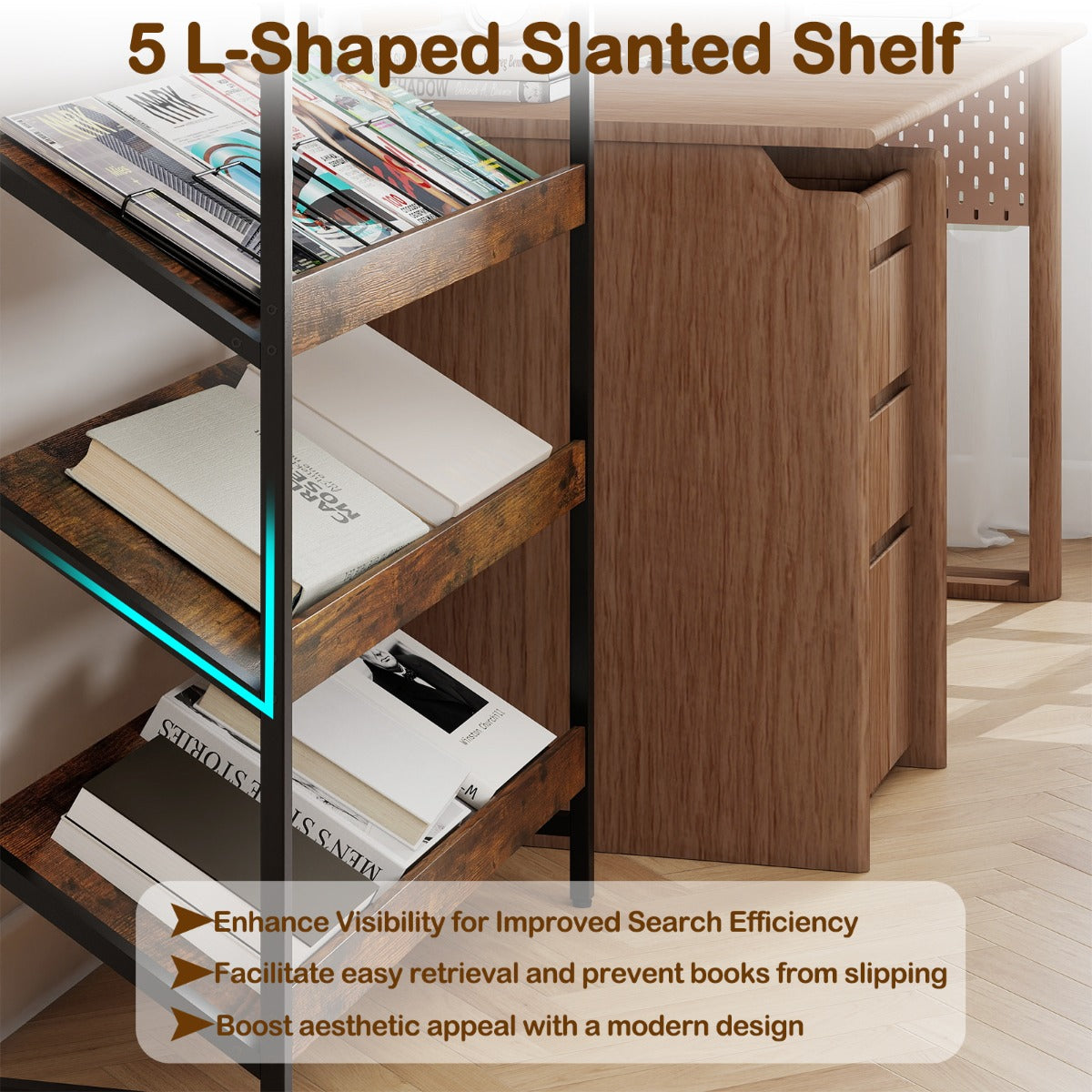 Livsk costway boekenrek met 6 verdiepingen 161 cm vrijstaand opslagrek met schuine display staand rek met metalen frame bruin 6