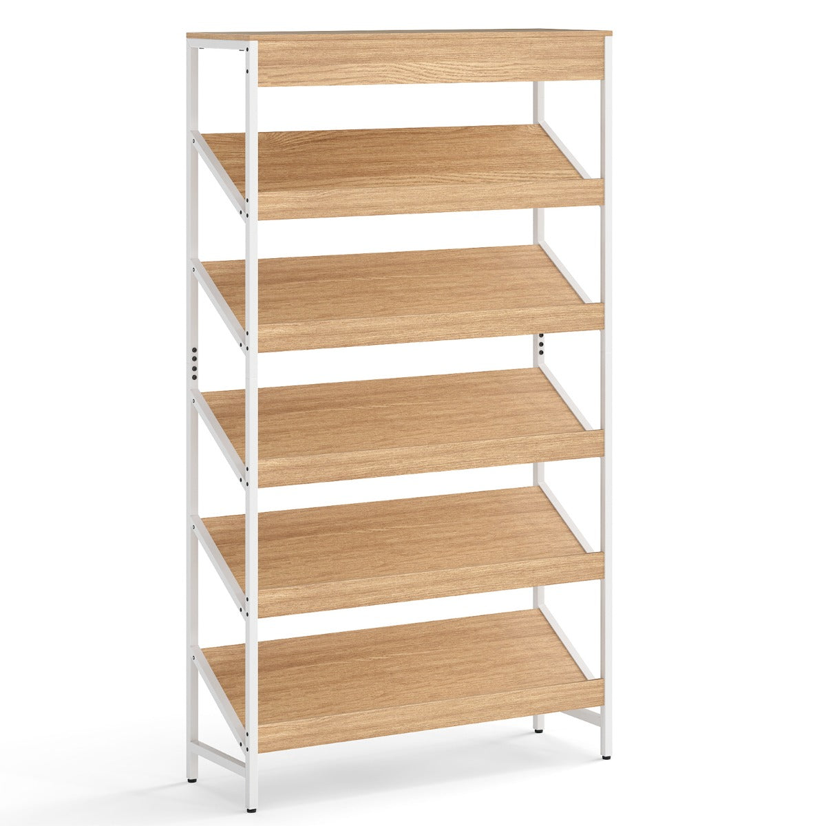 Livsk costway boekenrek met 6 verdiepingen 161 cm vrijstaand opslagrek met schuine display staand rek met metalen frame naturel