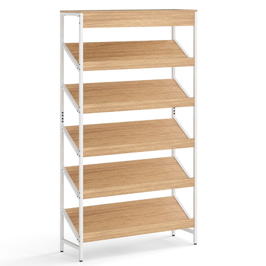 Livsk costway boekenrek met 6 verdiepingen 161 cm vrijstaand opslagrek met schuine display staand rek met metalen frame naturel