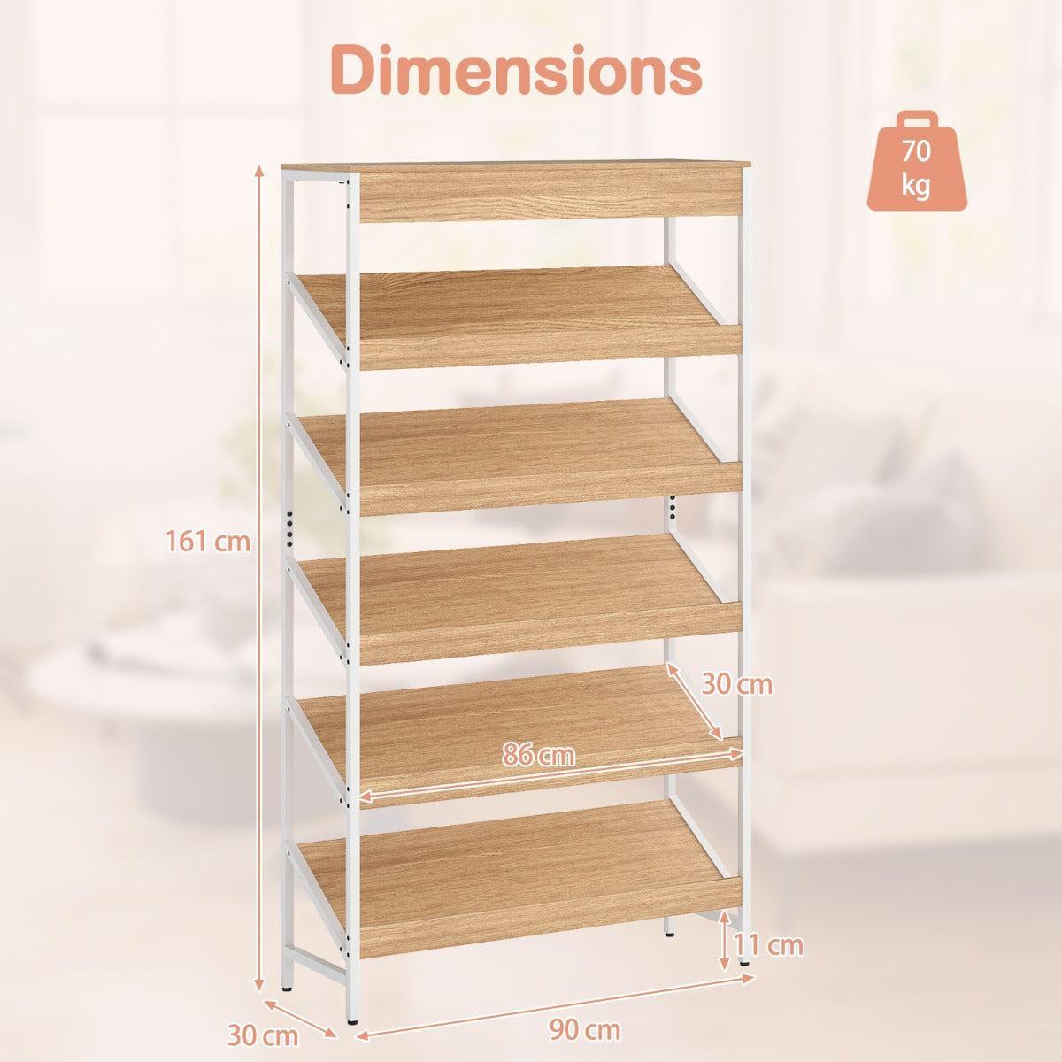 Livsk costway boekenrek met 6 verdiepingen 161 cm vrijstaand opslagrek met schuine display staand rek met metalen frame naturel 2
