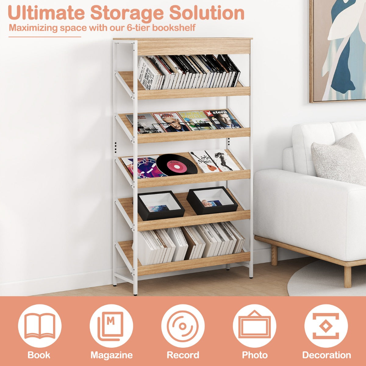 Livsk costway boekenrek met 6 verdiepingen 161 cm vrijstaand opslagrek met schuine display staand rek met metalen frame naturel 3