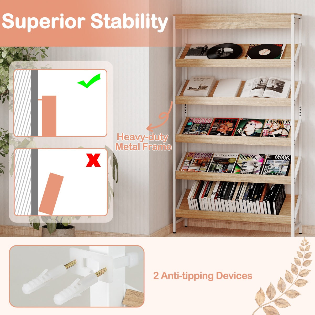 Livsk costway boekenrek met 6 verdiepingen 161 cm vrijstaand opslagrek met schuine display staand rek met metalen frame naturel 5