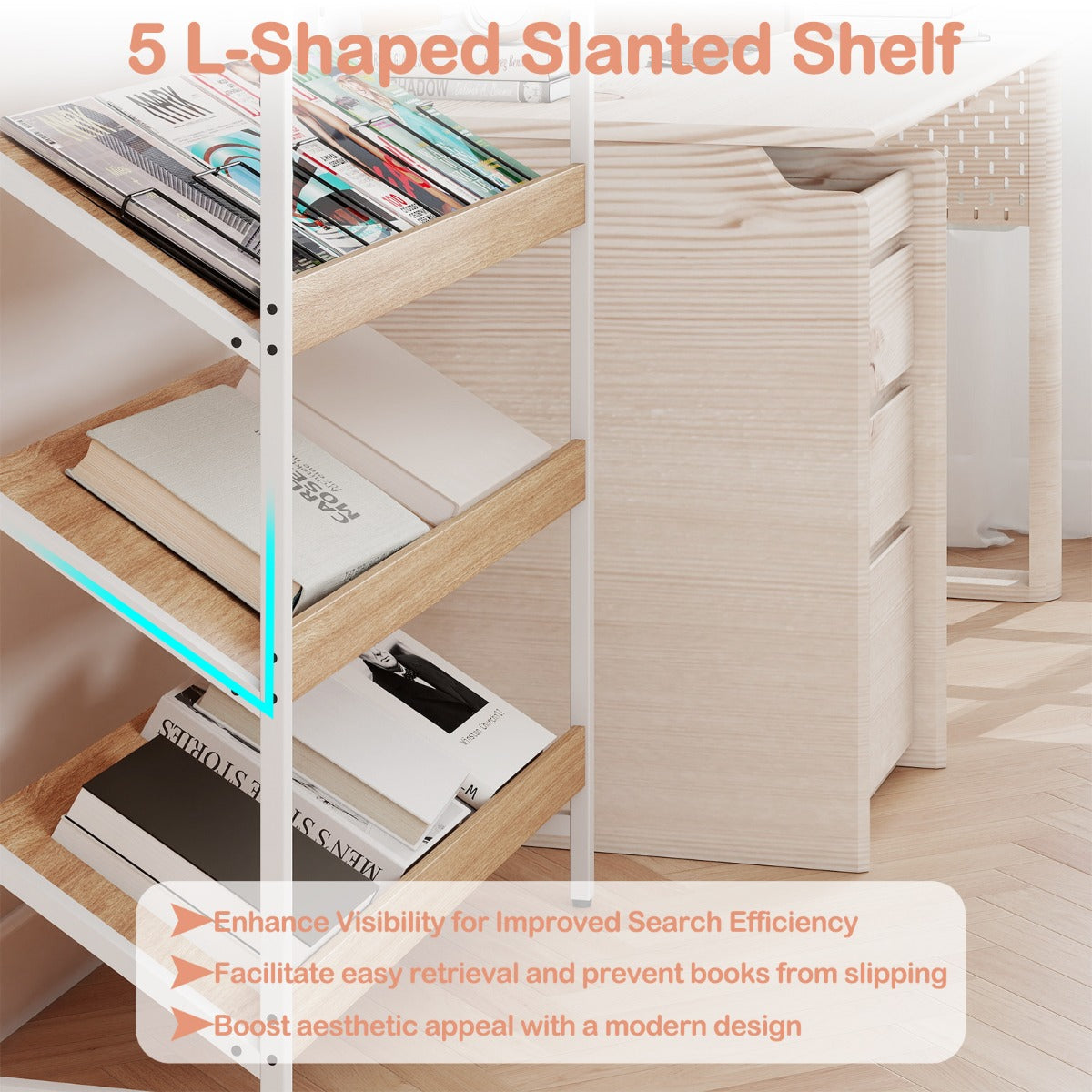 Livsk costway boekenrek met 6 verdiepingen 161 cm vrijstaand opslagrek met schuine display staand rek met metalen frame naturel 6