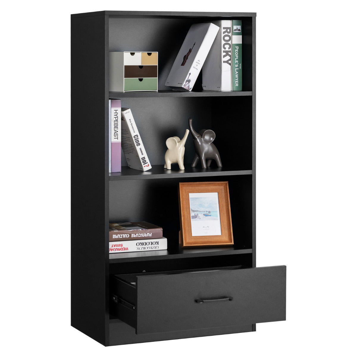 LIVSK Boekenkast met Lade - 4 Open Planken - Hoogwaardig MDF - Kantelbeveiliging - Tot 90 kg - 60 x 38 x 120 cm - Zwart