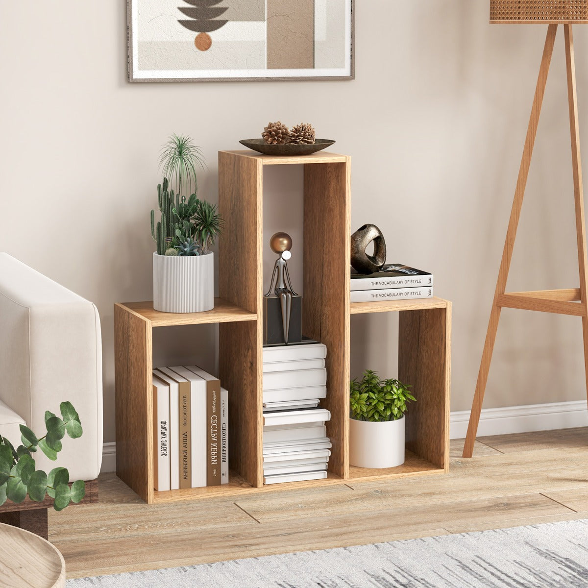 LIVSK Convexe Boekenkast - Uniek Geometrisch Design - 3 Open Planken - Duurzaam Hout - Kantelbeveiliging - Natuur
