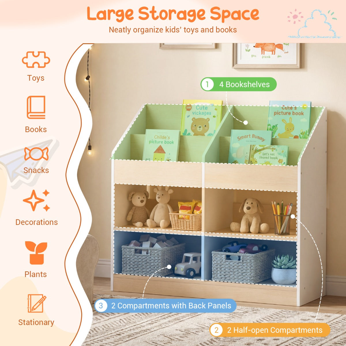 Livsk costway boekenrek voor kinderen speelgoedrek voor peuters met 4 rechtopstaande kubussen en 4 opbergvakken houten rek