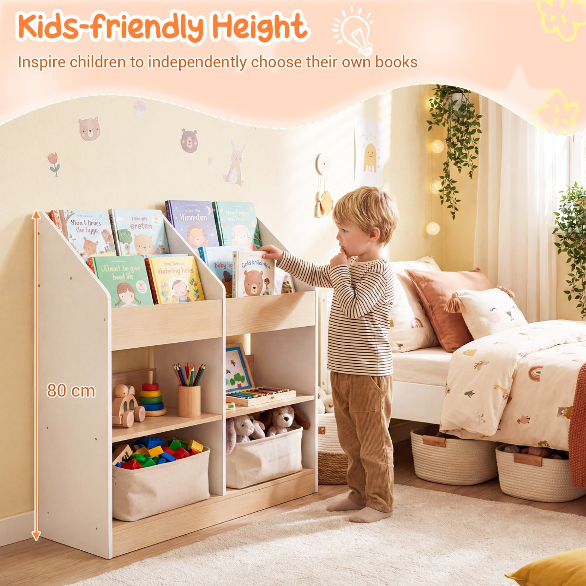 Livsk costway boekenrek voor kinderen speelgoedrek voor peuters met 4 rechtopstaande kubussen en 4 opbergvakken houten rek