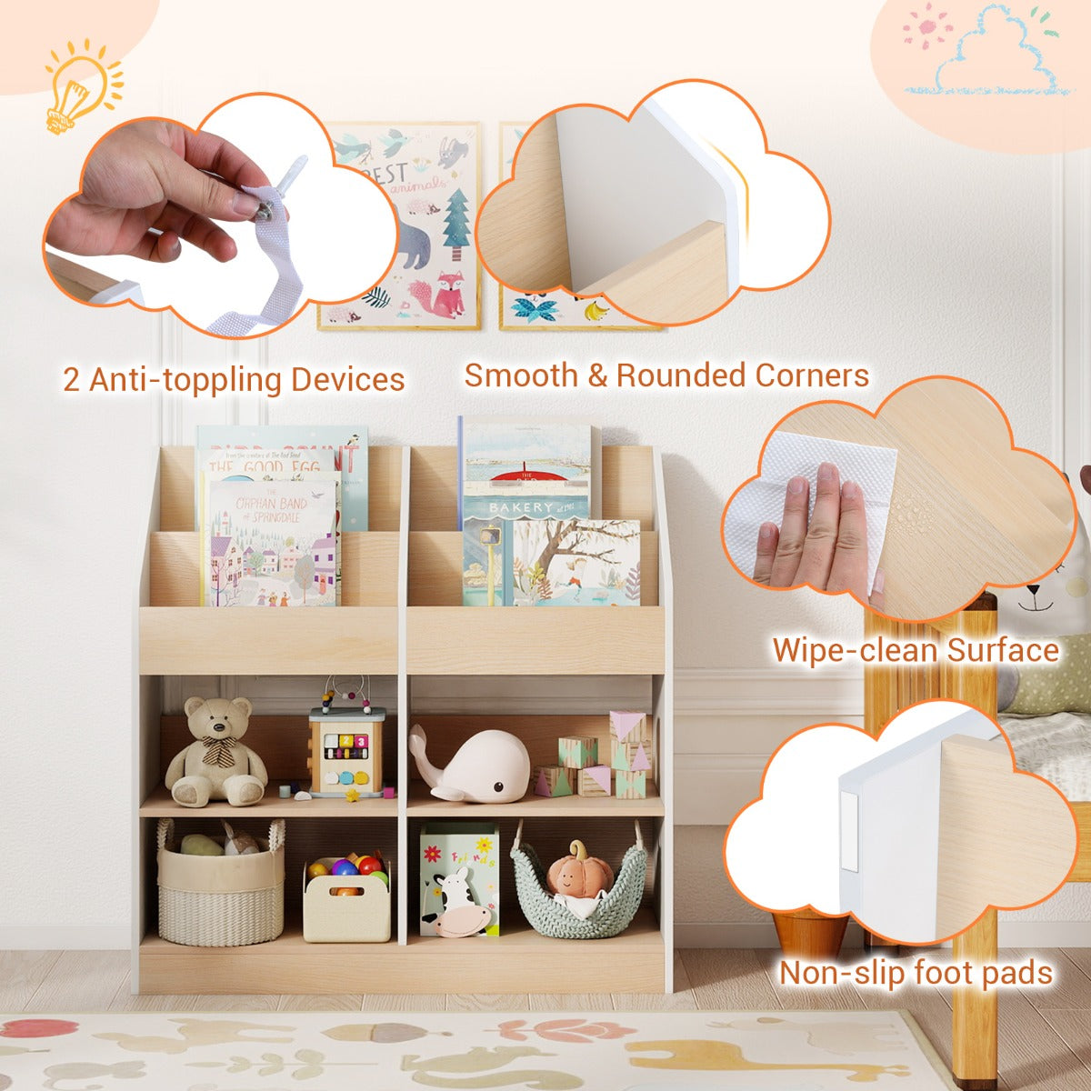 Livsk costway boekenrek voor kinderen speelgoedrek voor peuters met 4 rechtopstaande kubussen en 4 opbergvakken houten rek