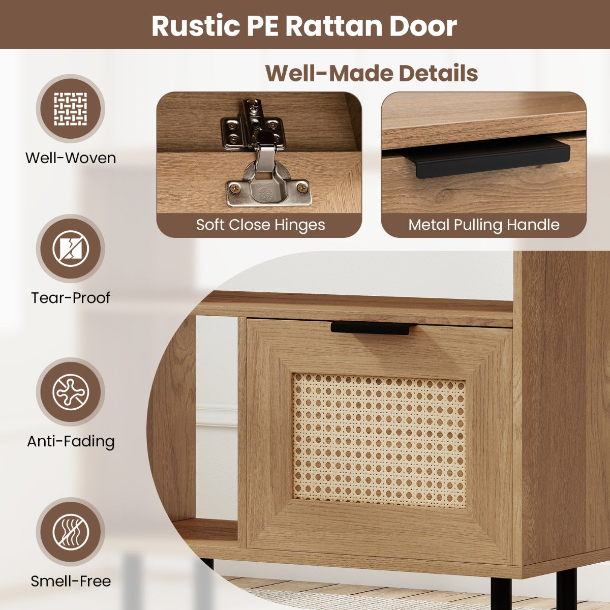 Livsk costway boho rotan nachttje accent bijzettafeltje met opbergvak rustiek nachttje voor kleine ruimtes 4