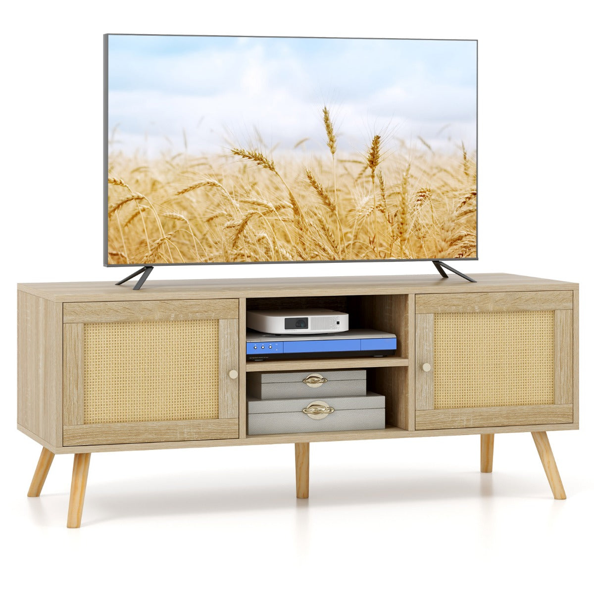 LIVSK TV-tafel - Geschikt voor tv's tot 55 inch - 2 Kasten - Open Vakken - Kabelgeleiding - Boho Stijl - Natuurlijk Hout