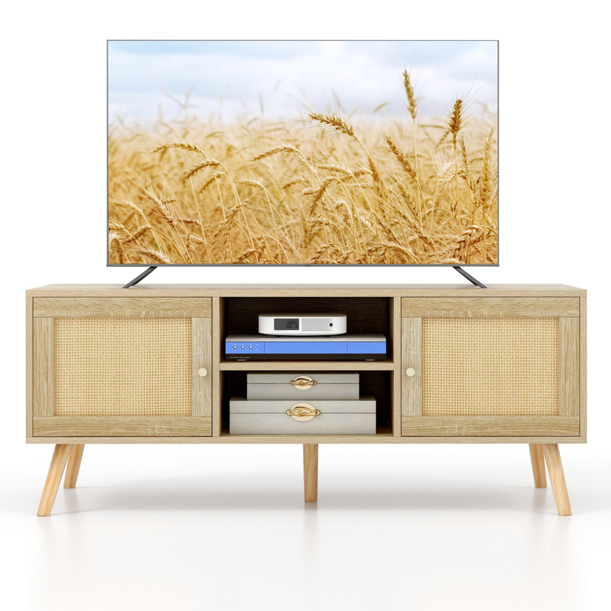 LIVSK TV-tafel - Geschikt voor tv's tot 55 inch - 2 Kasten - Open Vakken - Kabelgeleiding - Boho Stijl - Natuurlijk Hout