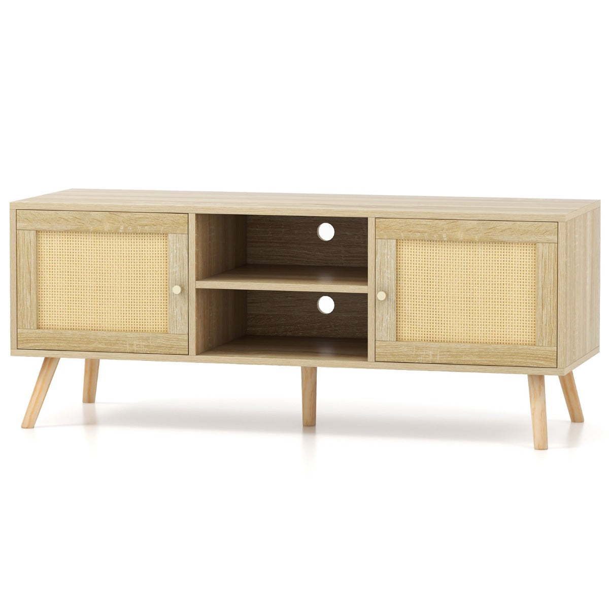 LIVSK TV-tafel - Geschikt voor tv's tot 55 inch - 2 Kasten - Open Vakken - Kabelgeleiding - Boho Stijl - Natuurlijk Hout
