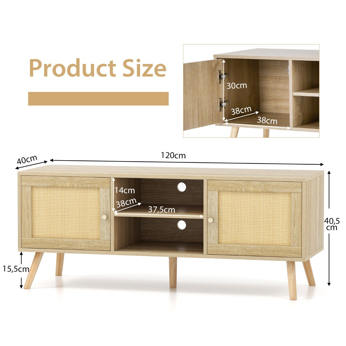 LIVSK TV-tafel - Geschikt voor tv's tot 55 inch - 2 Kasten - Open Vakken - Kabelgeleiding - Boho Stijl - Natuurlijk Hout