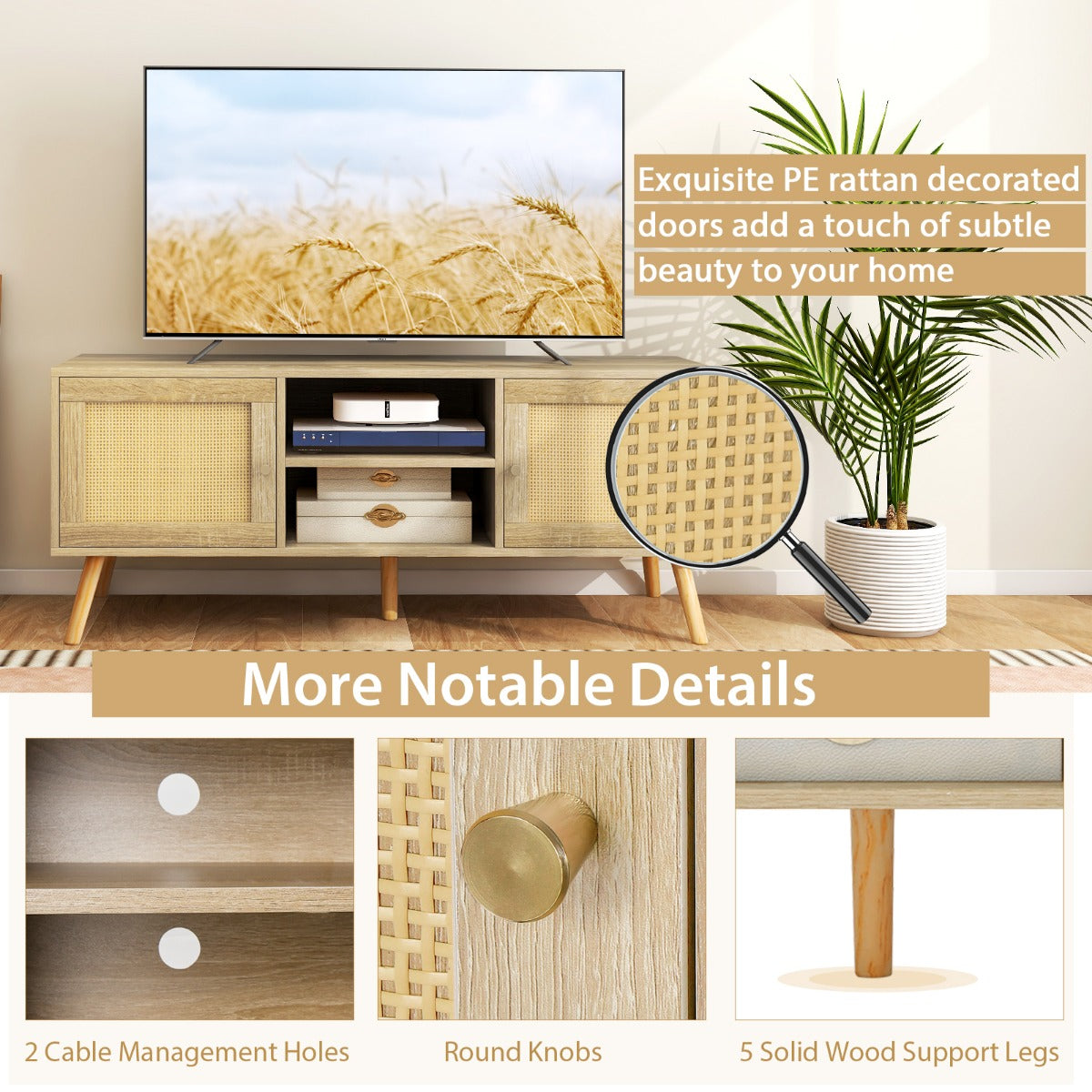 LIVSK TV-tafel - Geschikt voor tv's tot 55 inch - 2 Kasten - Open Vakken - Kabelgeleiding - Boho Stijl - Natuurlijk Hout